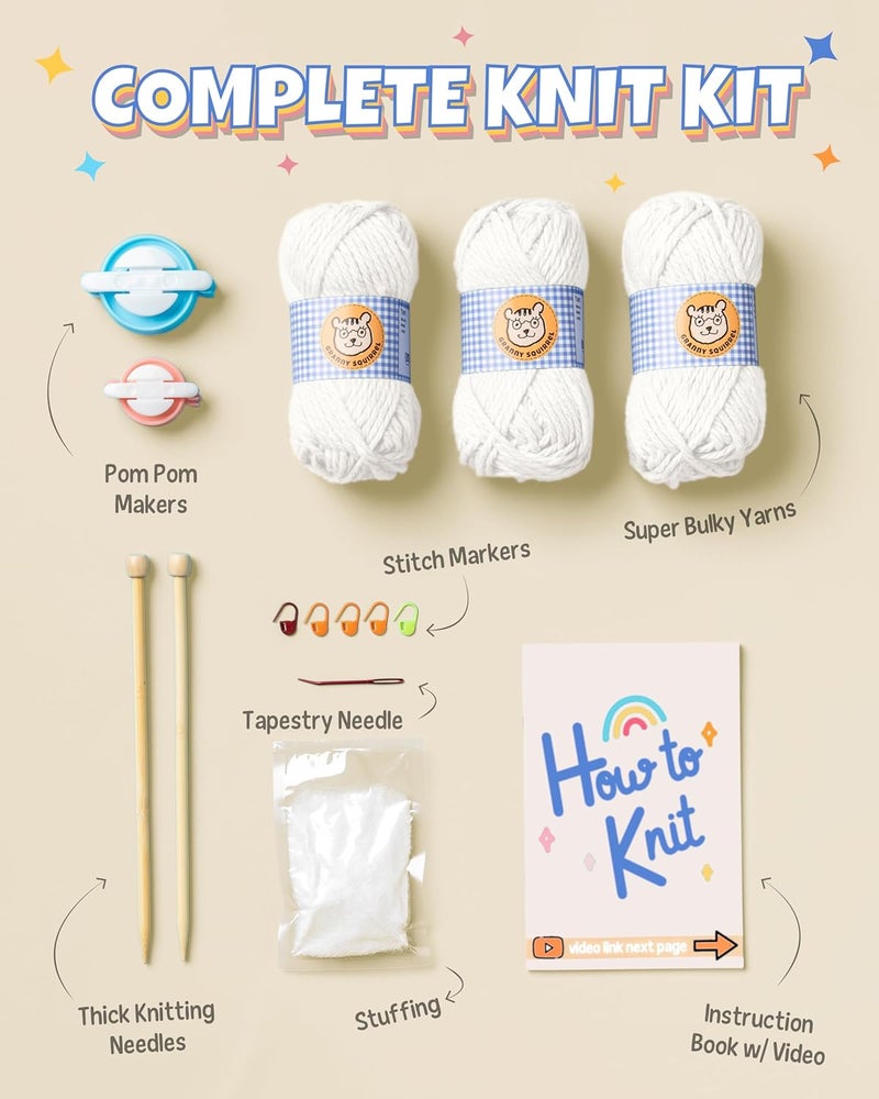 Granny Squirrel Complete Knitting Kit for Beginners - Learn to Knit Kit with Knitting Accessories Like Thick Beginner Ivory Yarn, Bamboo Needles for Beginners & More - Includes Video Tutorials & Written Guide - Image 4